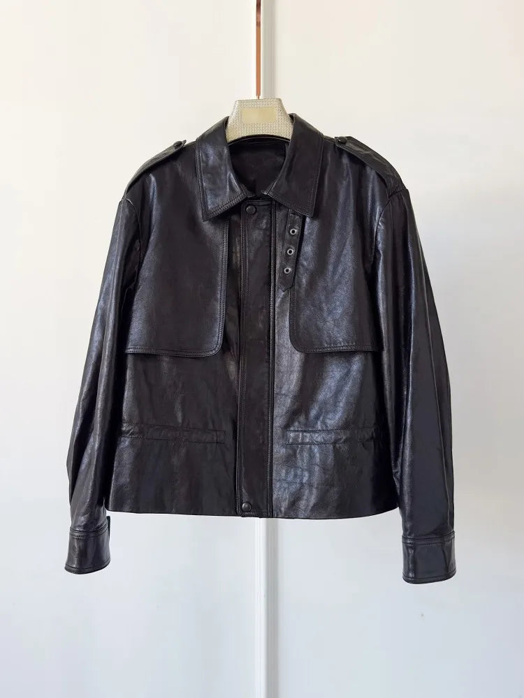 High Quality Chic Ladies Genuine Leather Short Jacket Zipper Turndown Collar Women Retro Oil Wax Sheepskin Jackets Casual Coat