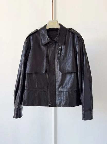 High Quality Chic Ladies Genuine Leather Short Jacket Zipper Turndown Collar Women Retro Oil Wax Sheepskin Jackets Casual Coat