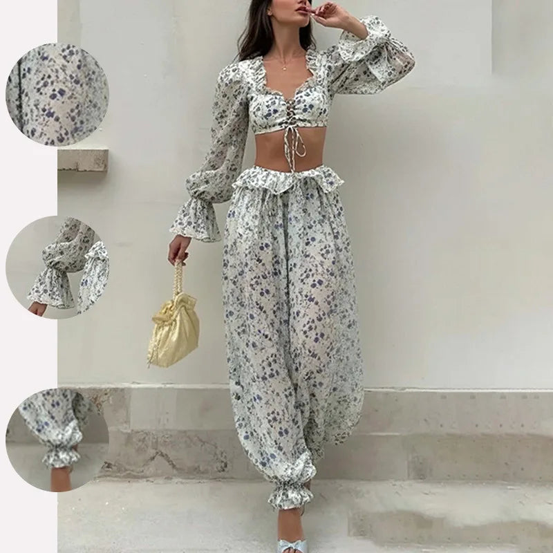 Fashion Long-sleeved Sexy Waist-baring Trousers 2-piece Set Women's Summer New Casual Simple Printed Shirt Trousers Suit Female