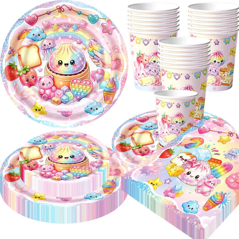 Squishy Bao Bun Themed Birthday Party Decorations Set Tableware Paper Plates Cups Cute Squishy Gift Bags Balloon Banner Supplies