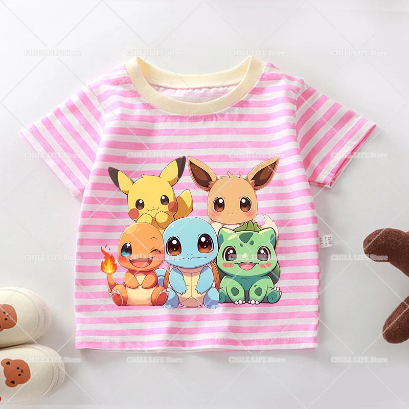Cartoon Pokemon Stripe T Shirt Cute Pikachu Eevee Bulbasaur Baby Boy Girl Summer Tops Kawaii Toddler Short Sleeve Tee Shirts