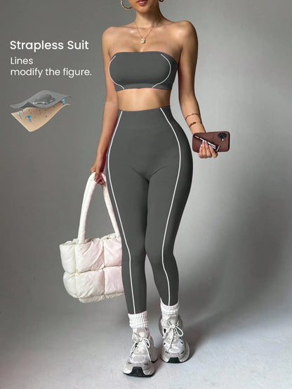 Women Strapless Bandeau Sports Bra Seamless High Waist Yoga Leggings Set Padded Workout Fitness Gym 2 Piece Outfits