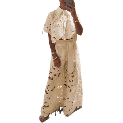 Women 2Pcs Lace Outfit Embroidery Retro Hollow Temperament Suit 2025 Elegant Button Short Sleeved Blouse Tops&Tie-up Pants Set