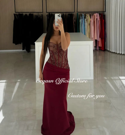 Eeqasn Customized Matching Fashion Jersey Formal Evening Gowns Mermaid Strapless Corset Bodice Prom Dresses Floor-Length Pastrol