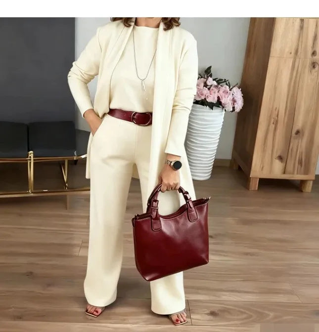 2026 Elegant Ladies Clothing 3 Pieces Set Autumn White Long Cardigan Coat Wide Leg Pants Sets T-shirt  Three-piece Outfit Women