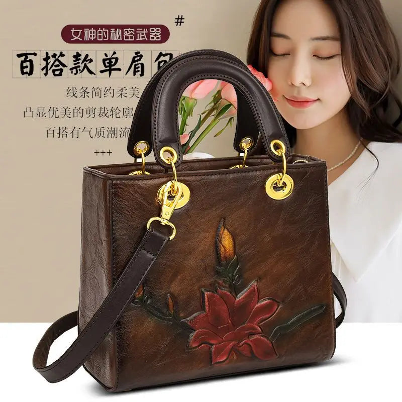 2026 New Handbag Trendy Hand-held Bag Floral Embossed Design Slanted Single-shoulder Crossbody Retro Ethnic Bags Women Package