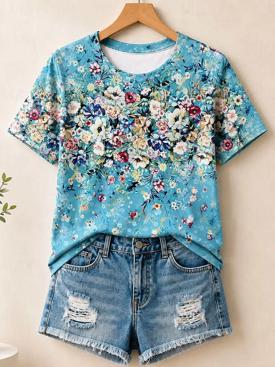 New Year Women's Summer Tops Floral Graphic Plants Elegant Vintage Stylish Short Sleeve Crew Neck Round Neck Long Tops Casual