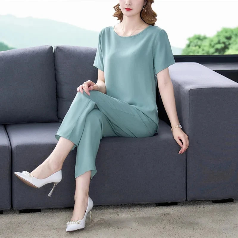 Cotton Silk Suit Summer Women's Sets New Casual Solid Color Short Sleeve Ankle-Length Pants 2 Piece Set Middle Age Mother Outfit