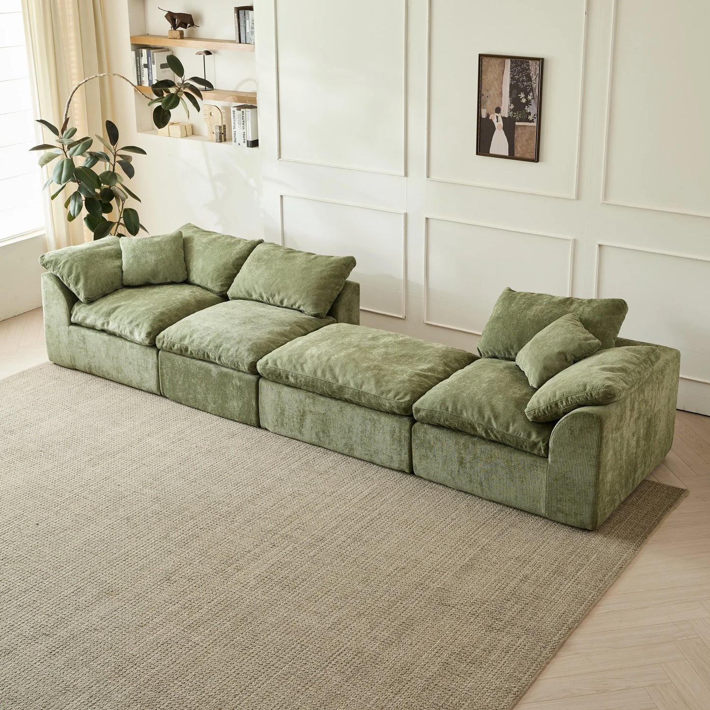 Modern Cloud L-Shaped 3-Seater Oversized Deep Seat Chenille Fabric Sofa Green Modular Sectional with Ottoman