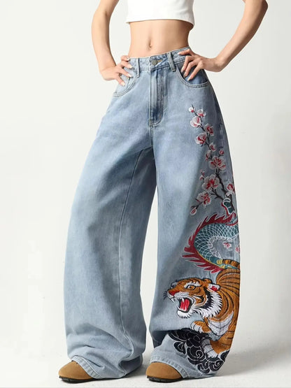European And American Wide-Leg Denim Pants, Featuring Dragon, Tiger, Plum Blossom, And Cloud Embroidery, High-Waisted Jeans