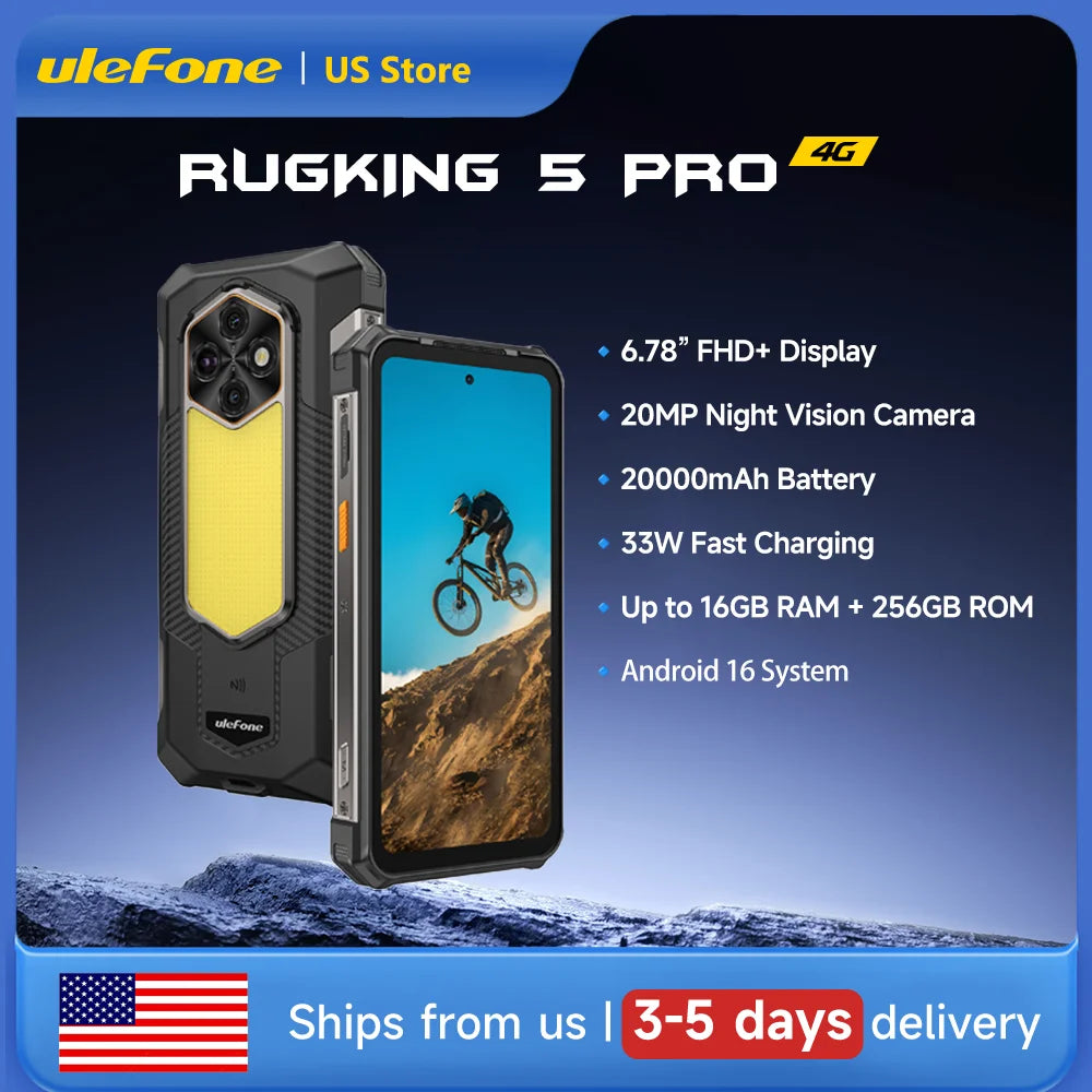 Ulefone RugKing 5 Pro Rugged Phone 20000mAh Android 16 16GB+256GB IP68 IP69K Waterproof 6.78" FHD+ Night Camera 4G SmartPhone