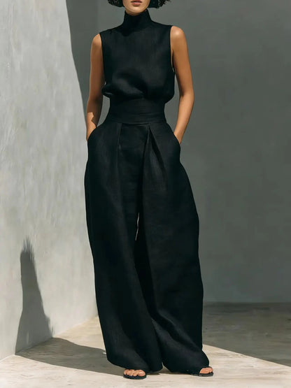 2026 Women 2 Piece  Outfit, Sleeveless High Neck Blouse & High Waist Wide Leg Pants Set, Elegant Office Commuter Matching Suit W