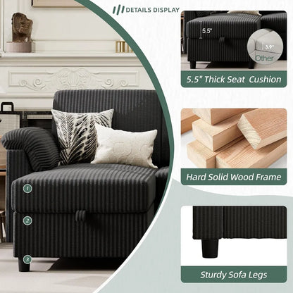 Convertible Sectional Couch 3 Seat L-Shaped Sofa with Pillows Corduroy for Living Room Apartment Office Black