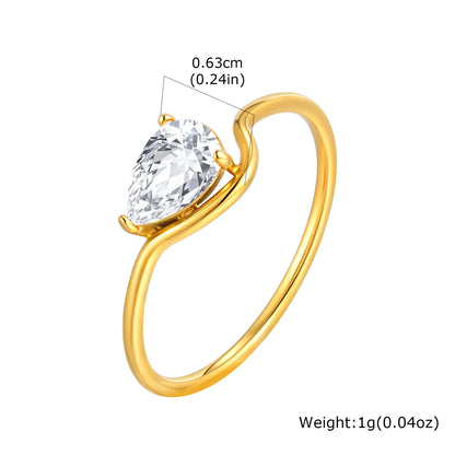 Minimalist Water Drop White Zircon Women Ring, Wave Drop Stainless Steel Ring, 18K Gold Plated Waterproof Luxury Jewelry