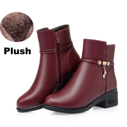 WOIZGIC Women's Mother Female Genuien Leather Shoes Ankle Boots Winter Fur Plush Wool Warm Zipper