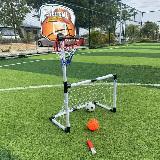 2-in-1 Kids Soccer Goal and Basketball Hoop Set Portable Indoor Outdoor Sports Game Toy for Toddlers Boys