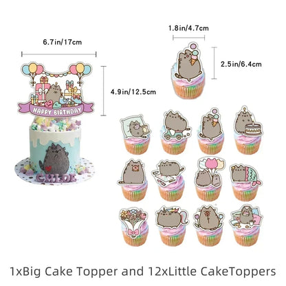 The Pusheen Cat Balloons Birthday Decoration Party Supplies Cartoon Grey Pet Fat Cat Theme Banner Backdrop Cake Topper Sticker
