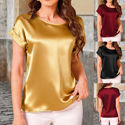 Elegant Solid Satin Batwing Sleeve T-Shirt - Loose Fit Ladies Plus Size Top with Round Neck