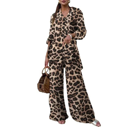 Autumn Fashion Leopard Print Women's Suit Two-piece Retro Street Print Casual Loose Long-sleeved V-neck Top Wide-leg Pants Suit