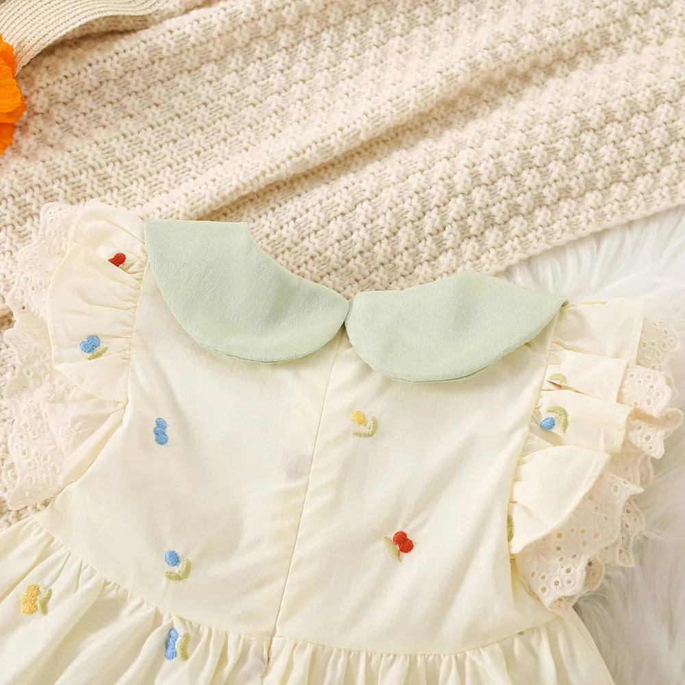 Summer Toddler Dress Cute Doll Collar Flower Embroidered Bow Princess Dress for Baby Girl 0-2 Years Old