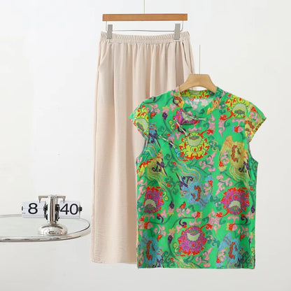 Summer Cotton-silk blend Cheongsam 2 Pcs Set Loose Short Sleeve Frog Closure Tops and Wide leg Pants New Chinese Style Plus size