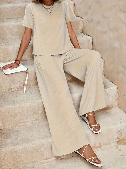 2026 New Solid Green Women Loungewear Set Round Neck Crop Short Sleeve Top Elastic Waist Wide Leg Pants Casual Two Piece Pajamas