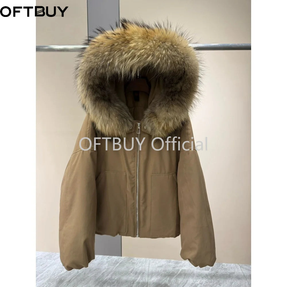 OFTBUY Natural Raccoon Fur Collar Goose Down Jacket Women Cropped Coat Winter Warm Hooded Zipper Windproof Fashion Outerwear