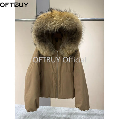 OFTBUY Natural Raccoon Fur Collar Goose Down Jacket Women Cropped Coat Winter Warm Hooded Zipper Windproof Fashion Outerwear