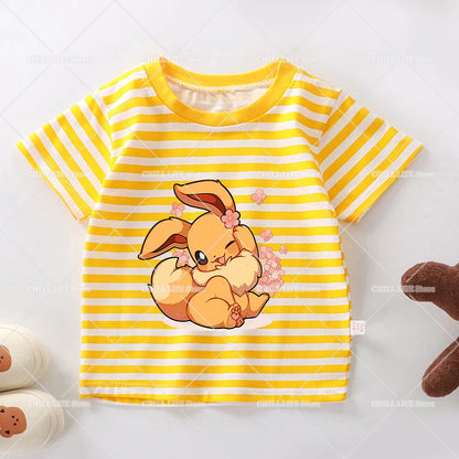 Cartoon Pokemon Stripe T Shirt Cute Pikachu Eevee Bulbasaur Baby Boy Girl Summer Tops Kawaii Toddler Short Sleeve Tee Shirts