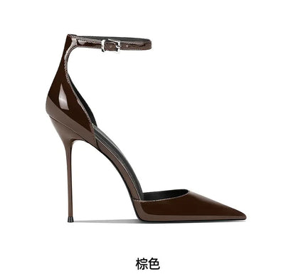 Wine Red Patent Leather High-Heeled Shoes for Women, New Style with Thin Heels and Pointed Toe, Straight Buckle Toe Shoes 33-46