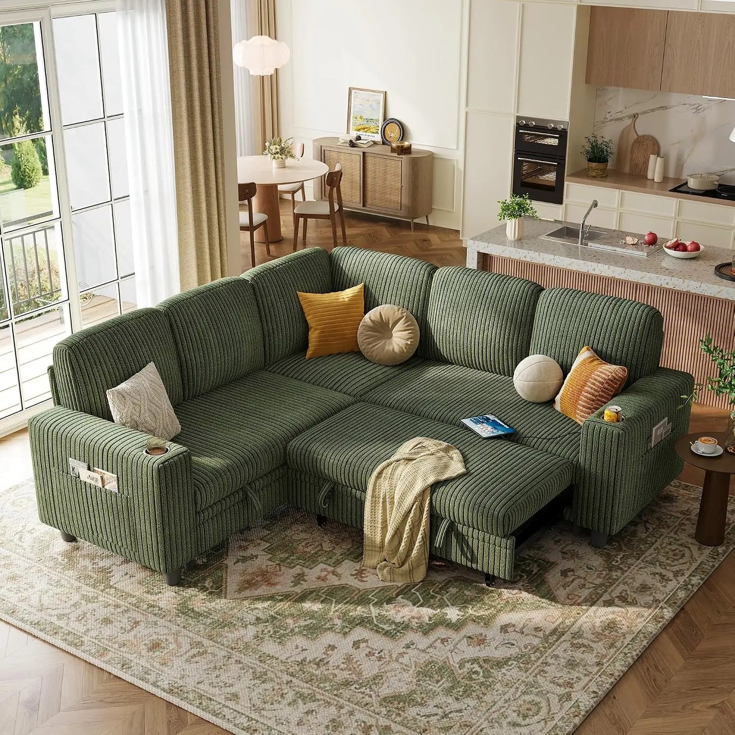 Sectional Couches for Living Room, 81" L Shape 5 Seats, Green | Sleeper sofa with pull out couch bed, corduroy, Customized