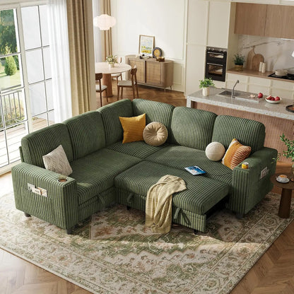 Sectional Couches for Living Room, 81" L Shape 5 Seats, Green | Sleeper sofa with pull out couch bed, corduroy, Customized