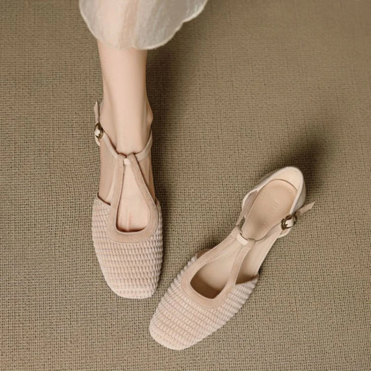 Woven T-Strap Mary Janes Women Vintage Cut Out Low Block Heel Comfort Walking Shoes French Minimalist Matte Finish Summer Loafer