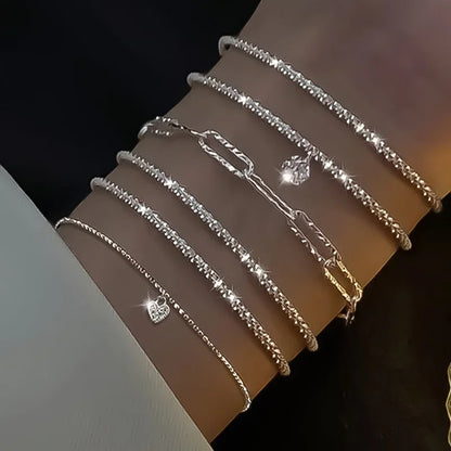 6Pcs 925 Sterling Silver Rhinestone Bracelets for Women Girls Luxury Korean Sparkling Starry Sky Charm Bracelets Party Jewelry