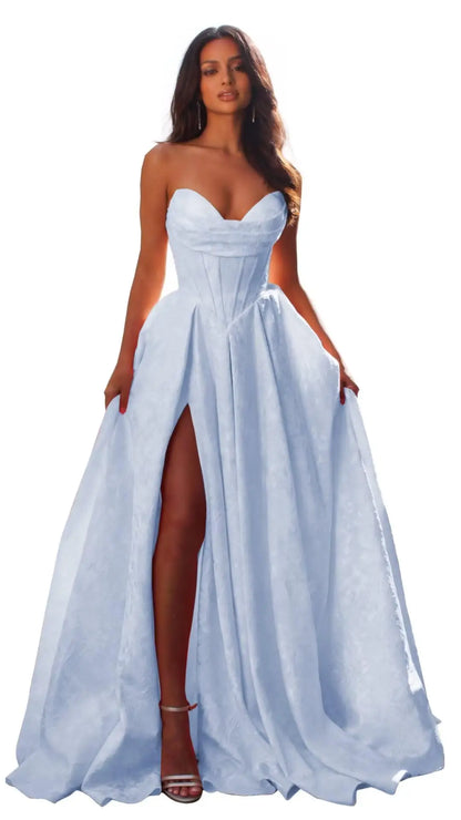 Jacquard Satin Prom Dresses with Slit Strapless Corset A Line Long Formal Gowns Party Evening Gown Formal Dress Women Elegant