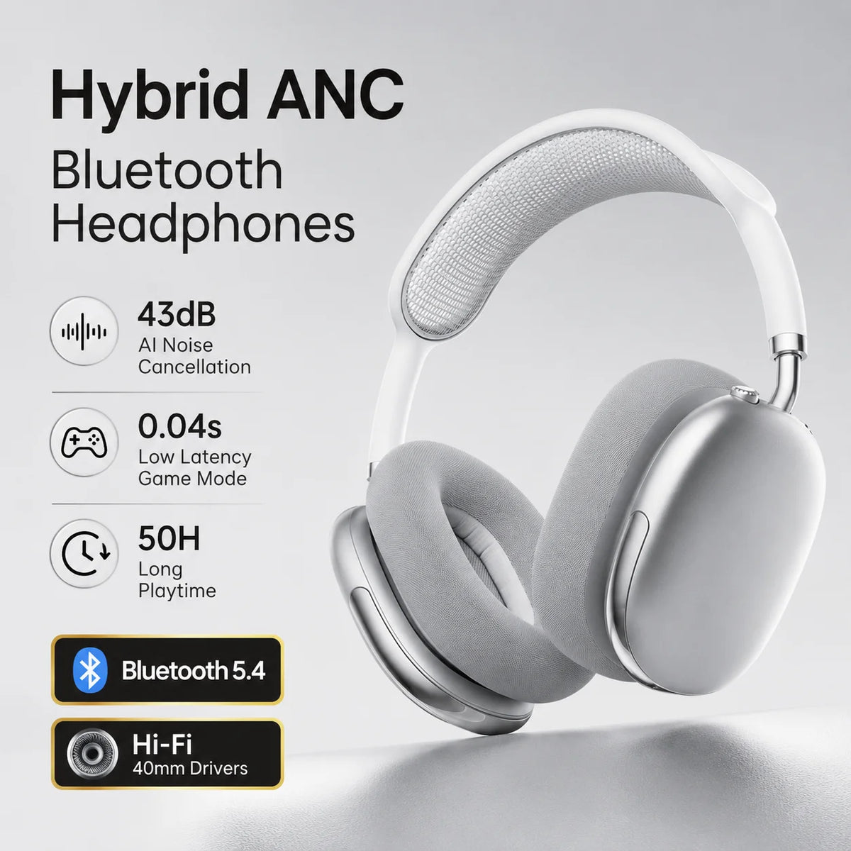 ANC Bluetooth Headphones Wireless Earphones Over Ear 43dB Noise Cancelling HiFi Stereo 50H Playtime Bluetooth 5.4 AUX Cable