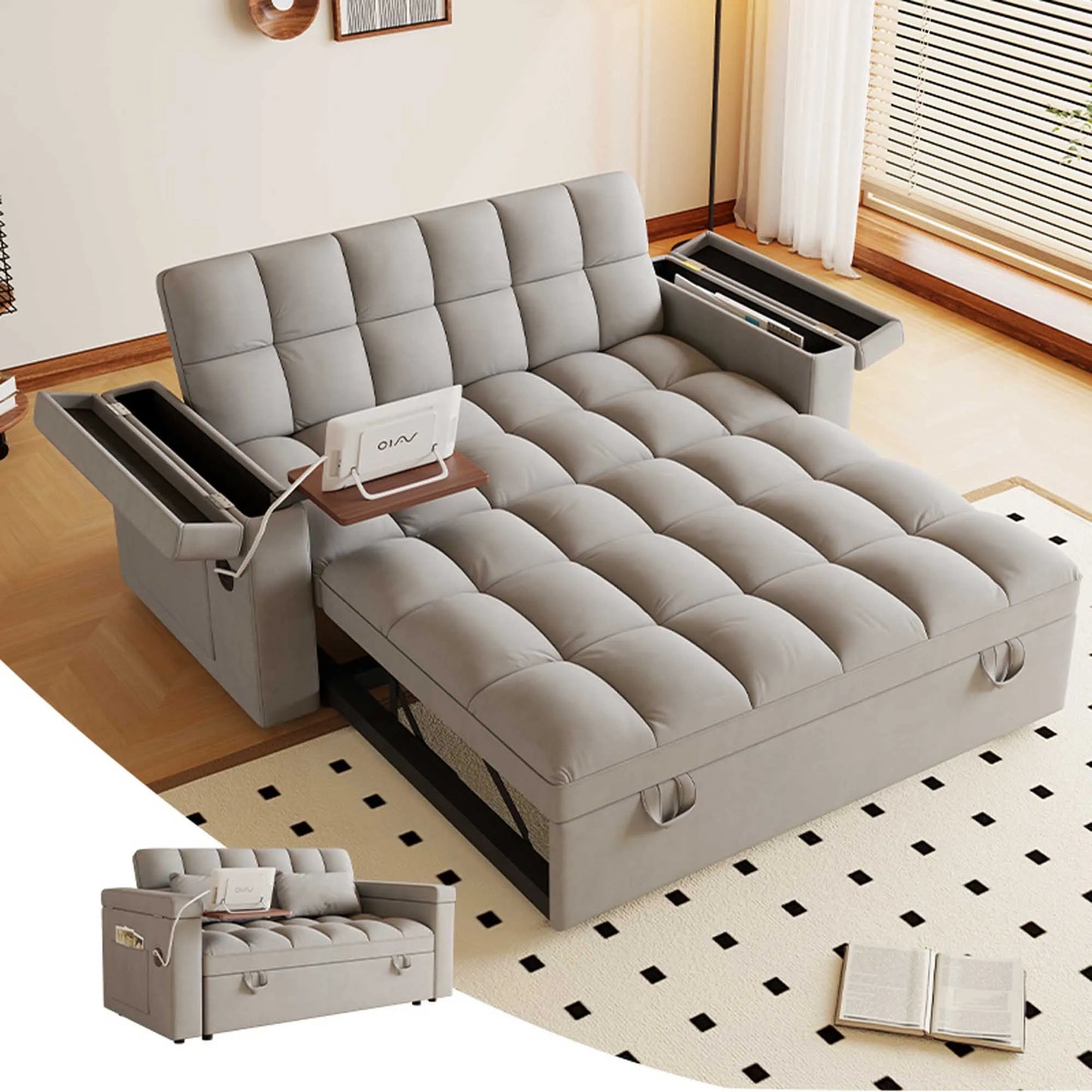 65" 3-in-1 Foldable Velvet Sofa Bed with USB Charging Port, Table Board and Storage Armrests, Adjustable Backrest Sleeper Couch for Living Room Apartment Guest Room, Black
