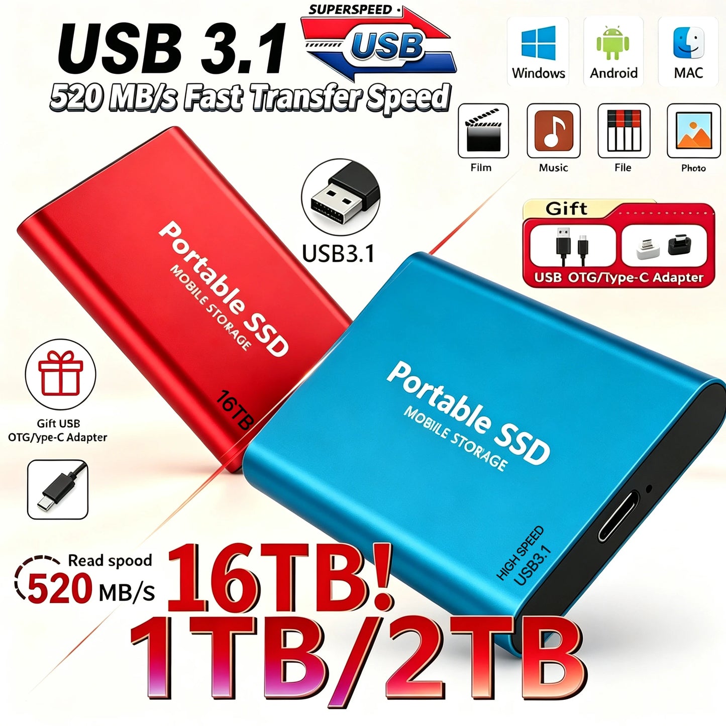 Reliable Brand 1TB External Hard Drive  Portable SSD  2TB 4TB  USB 3.1 High Speed Solid State Disk Data Storage