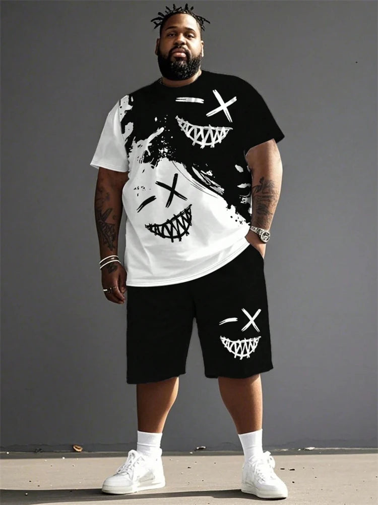 2026 Summer Men 2-Piece Set Fun Cartoon Bear Print Short-Sleeve T-Shirt and Shorts Set Sporty Style Plus Size Fashionable Outfit