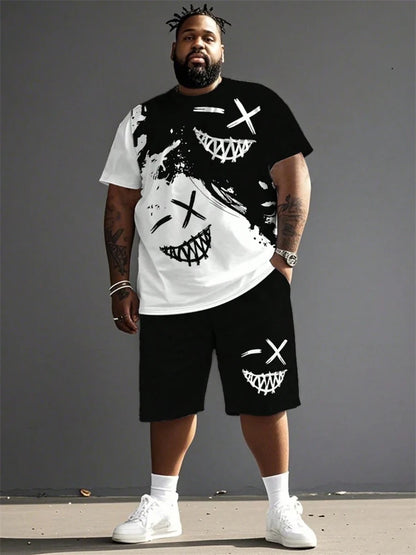 2026 Summer Men 2-Piece Set Fun Cartoon Bear Print Short-Sleeve T-Shirt and Shorts Set Sporty Style Plus Size Fashionable Outfit