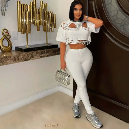 Women's Fashion White Two Piece Set Solid Loose Round Neck Piercing Pin Short T-shirt Pants 2026 Spring/Summer Set Red Black