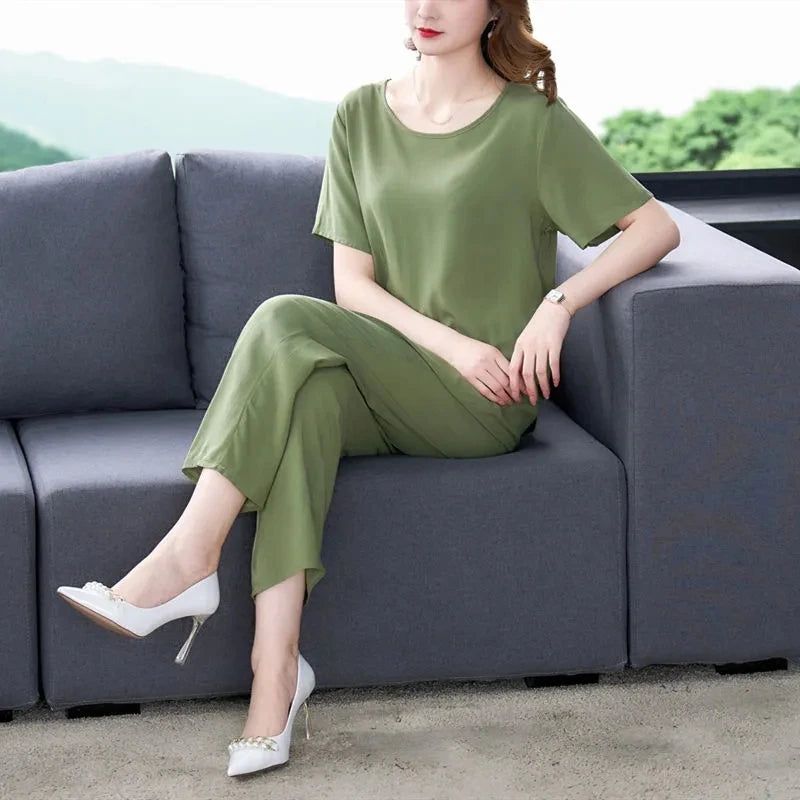 Cotton Silk Suit Summer Women's Sets New Casual Solid Color Short Sleeve Ankle-Length Pants 2 Piece Set Middle Age Mother Outfit