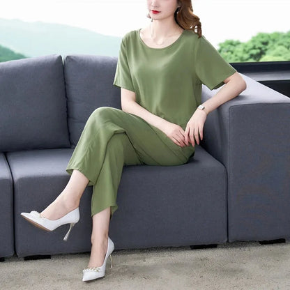Cotton Silk Suit Summer Women's Sets New Casual Solid Color Short Sleeve Ankle-Length Pants 2 Piece Set Middle Age Mother Outfit