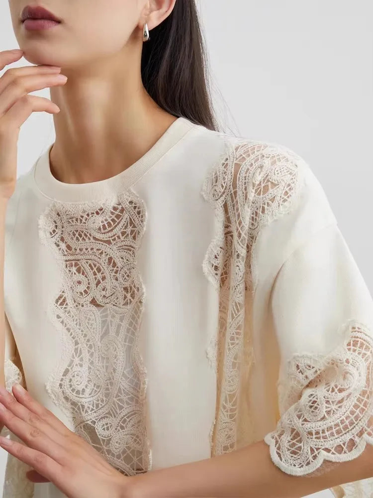 Women White Lace Hollow Out Top Short Sleeve Blouse Crochet Detail Casual Elegant Summer Shirt Fashion Clothing
