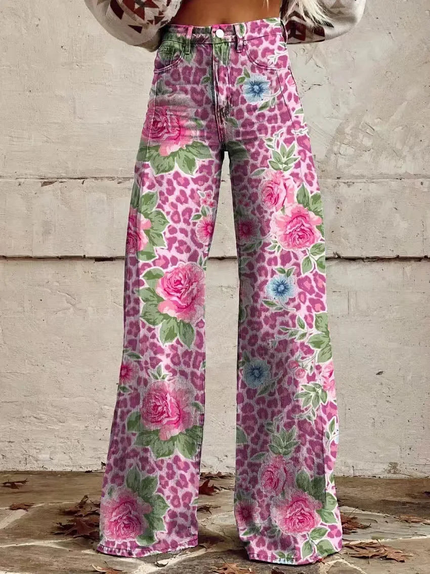 Women's 3D Printed Flare Jeans-Polyester Wide Leg Pants with Distressed Vintage Look, High Waist Comfort Fit for Street Fashion