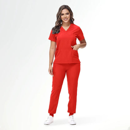 Women's Nurse Scrub Set | V-Neck Top & Jogger Pants, Stretch Jersey | Medical Workwear