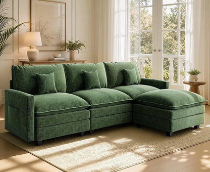 108 Inch Cloud Couch Sectional, Modular Sectional Sofa with Ottoman, Green | L Shaped Sectional Couches for Living, Customized