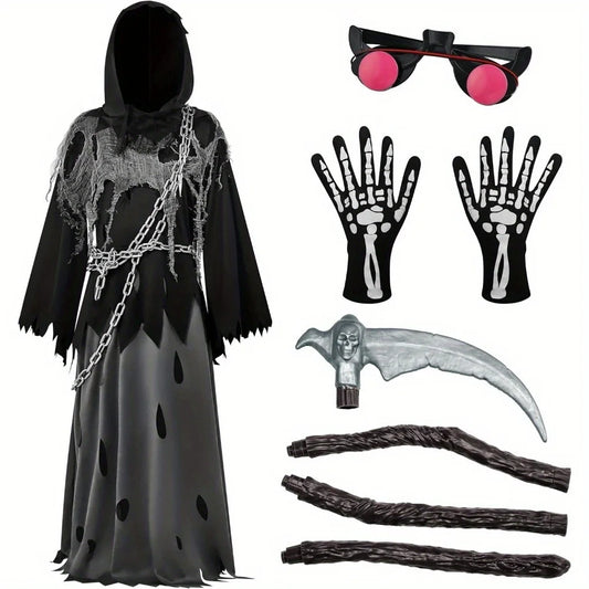 Halloween Costume Glowing Eyes Grim Reaper Costume for Kids 5-12 years Boys Halloween Dress-up Party