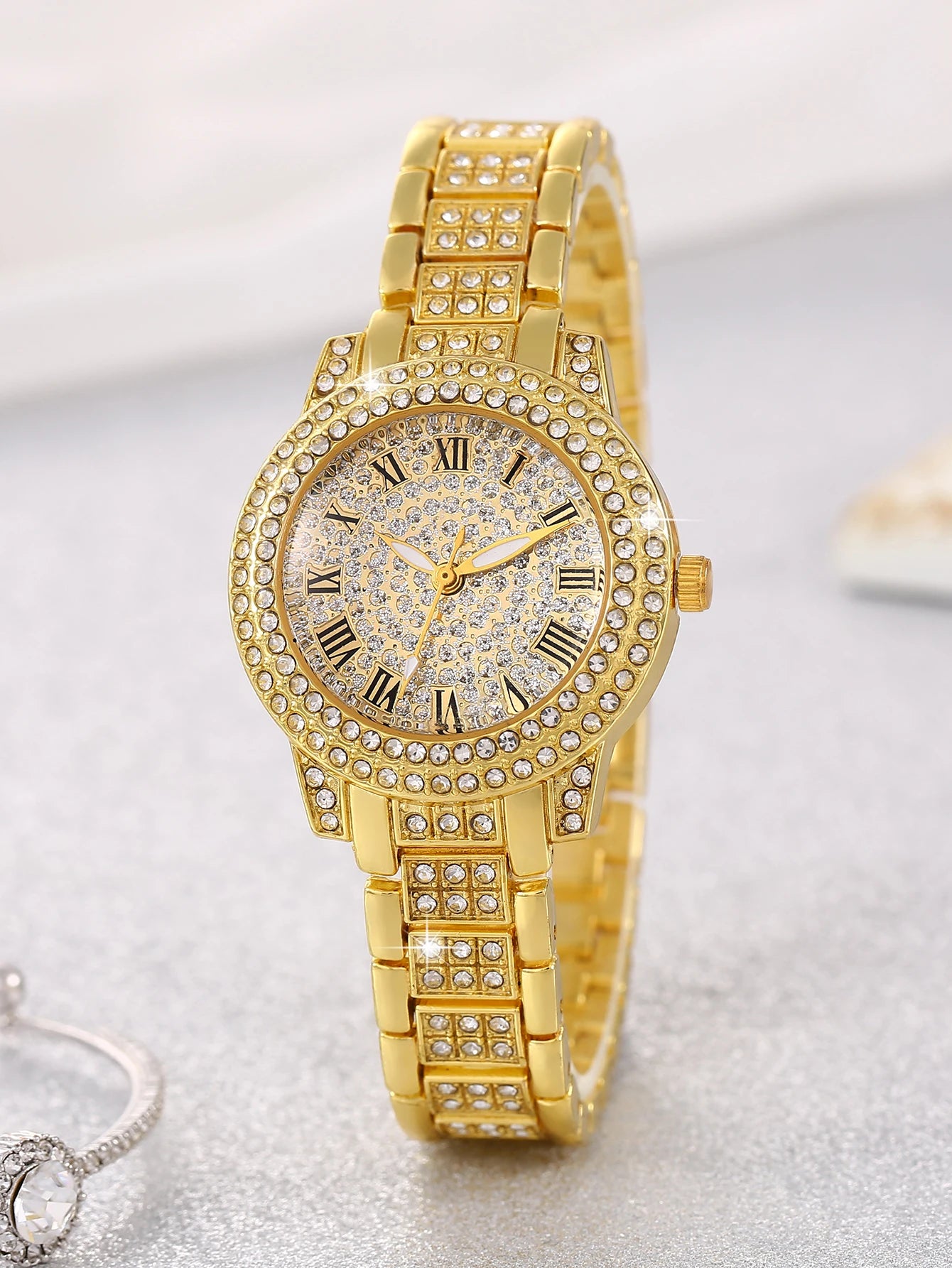 Ladies round Shell Embedded Quartz Watch Set with Floral Bracelet Necklace Ring Bracelet Earring - Festive Gift