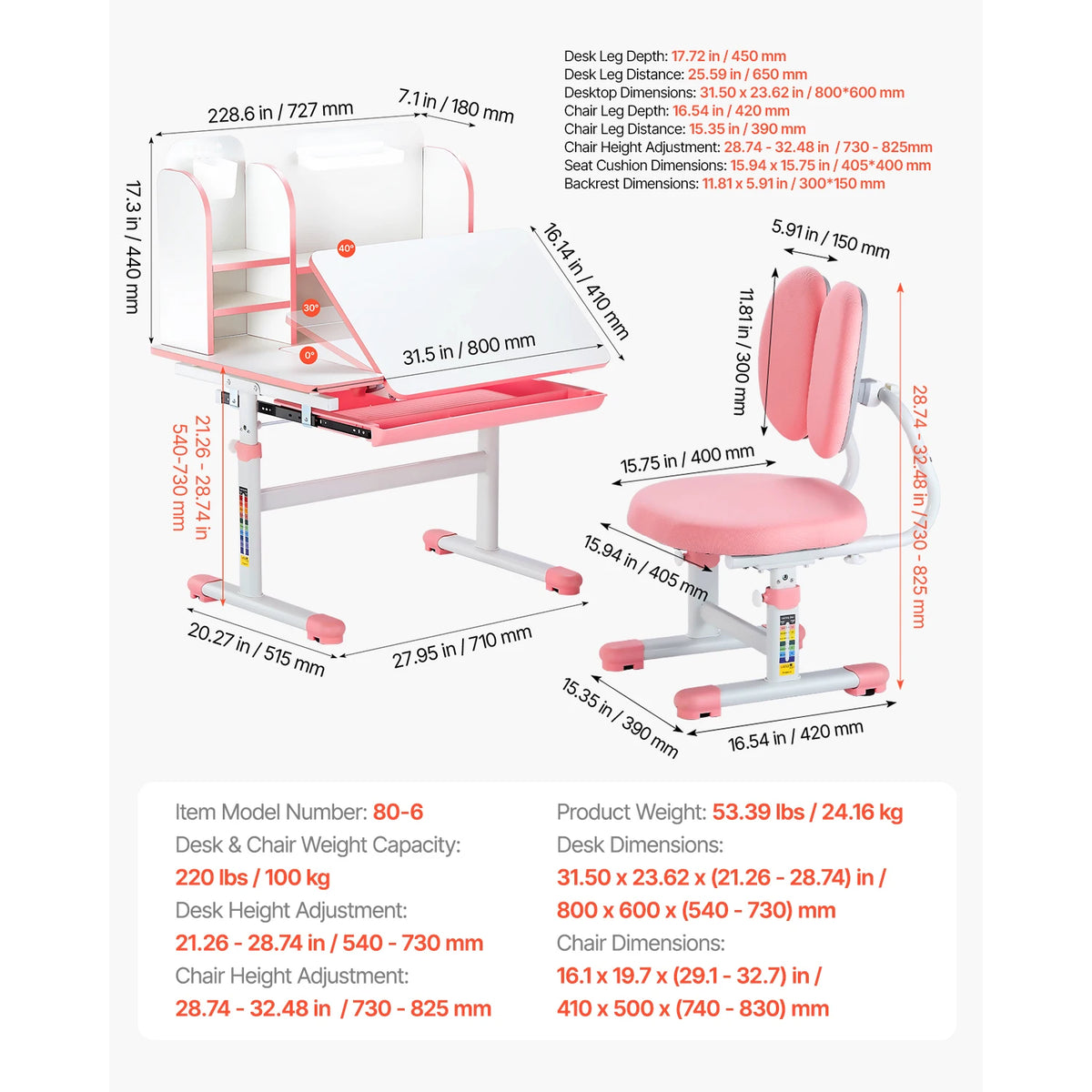 SucceBuy Kids Study Chair and Desk Set Study Desk and Chair for Kids with Table Lamp Adjustable Height  for Bedroom & Study Room